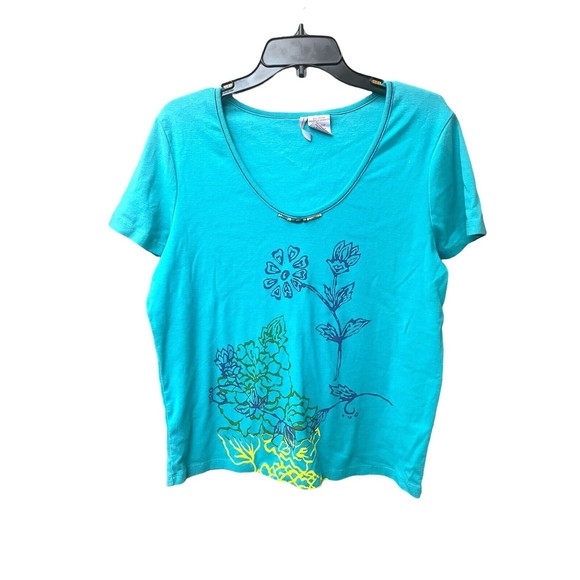 Ysag Women's Size 14W/16W Flower Turquoise Graphic Design Shirt Small Stain READ - Picture 1 of 4